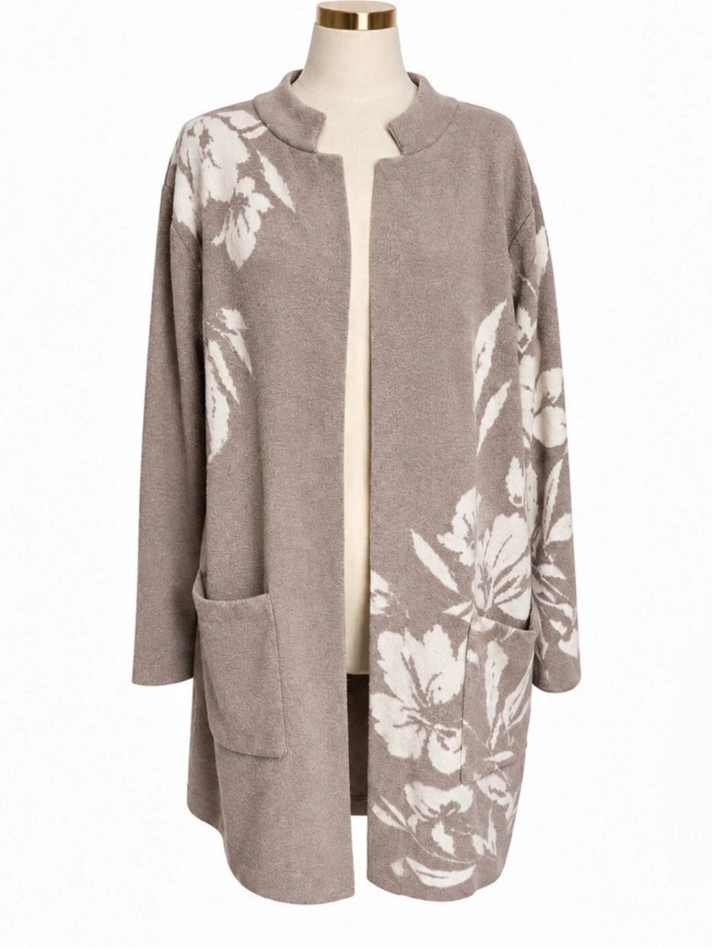 joie Floral Intarsia Jacquard Open Front Cardigan Brown & White XL